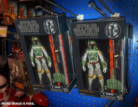 Pegs overloaded with Star Wars Black Boba Fett action figures! If this were a real pic it would be a miracle.