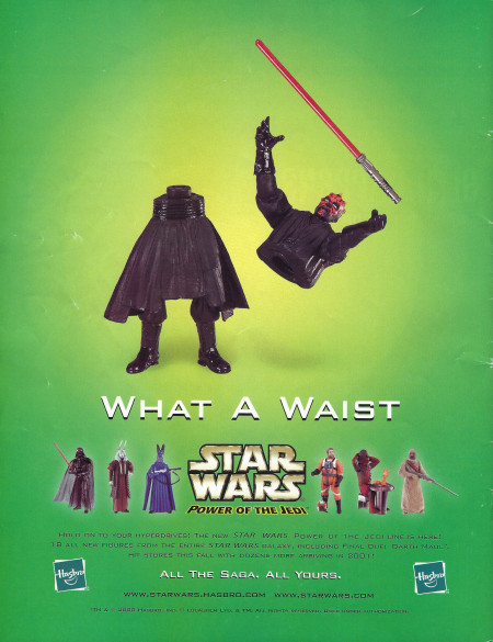 Darth Maul action figure ad from 2000. Nice to see Hasbro and Lucasfilm had a sense of humor about the "death" of Darth Maul. Click to enlarge the image.