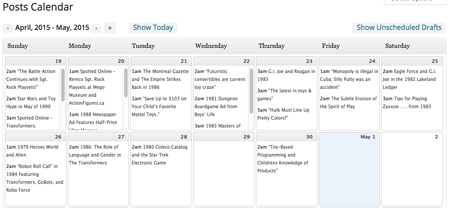 A peek at the BattleGrip post calendar as of a few days ago. Notice that there are holes and that several days only have a single post scheduled.